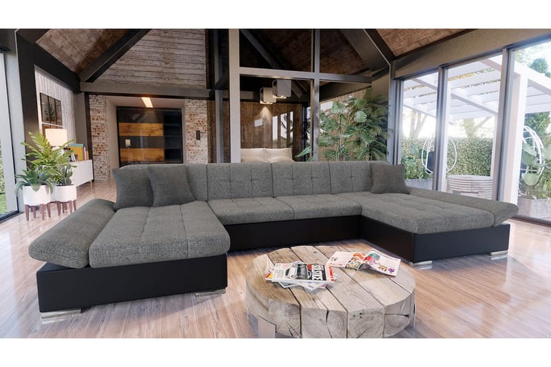 Dewitt 3-seter Sovesofa i Stoff og Skinn - Grå - Møbler - Sofaer - Sovesofaer
