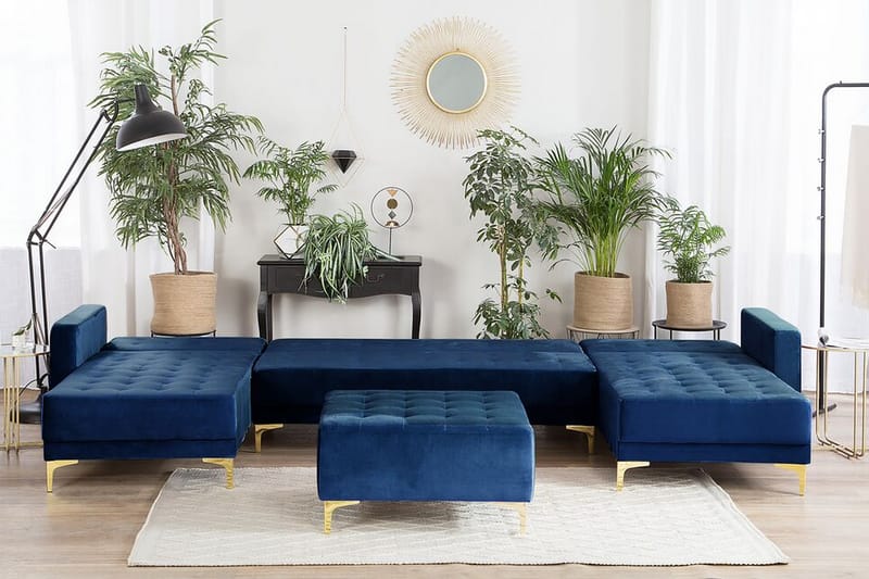 Divansofa med Sovefunksjon + fotskammel marineblå ABERDEEN - Blå - Møbler - Sofaer - Sovesofaer