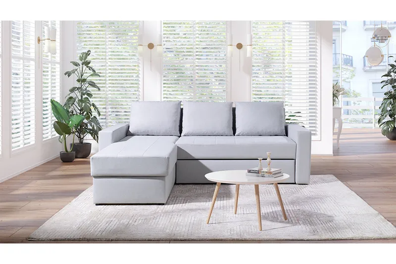 Domino 3-seter Hjørnesofa L-formet Utrekkbar 140x200 cm med Oppbevaring i Stoff - Grå - Møbler - Sofaer - Sovesofaer