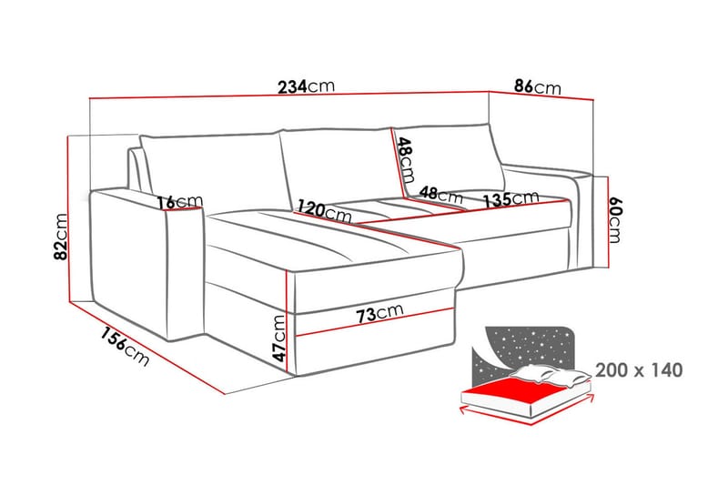 Domino 3-seter Hjørnesofa L-formet Utrekkbar 140x200 cm med Oppbevaring i Stoff - Grå - Møbler - Sofaer - Sovesofaer