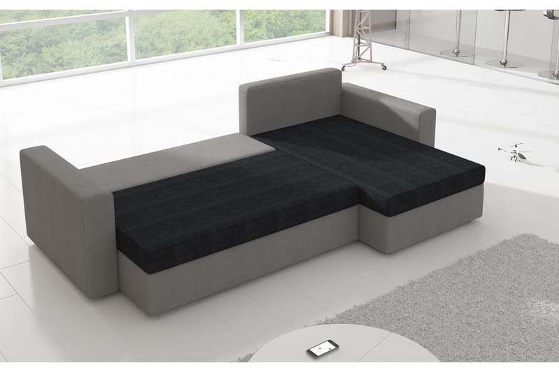 Eguino 3-seters Høyre Hjørnesovesofa i Stoff med Kunstskinnunderstell - Grå|Hvit - Møbler - Sofaer - Sovesofaer