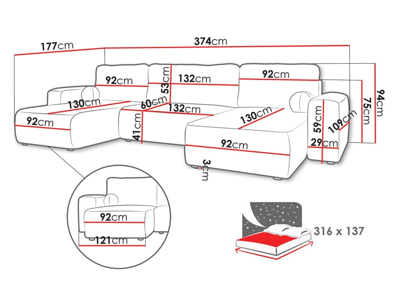 Elvior 5-seters U-formet sovesofa med dobbeltdivan - hvit - Møbler - Sofaer - Sovesofaer