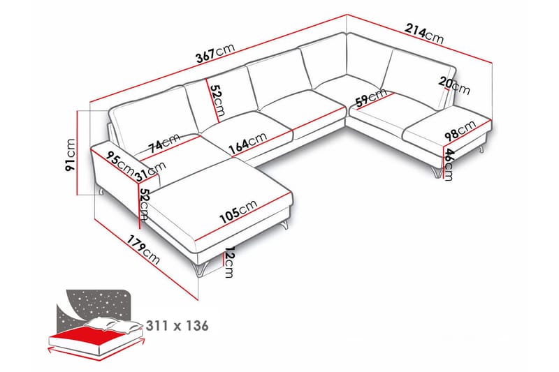 Emet Sovesofa med Divan og Sjeselong 5-seter - Hvit - Møbler - Sofaer - Sovesofaer