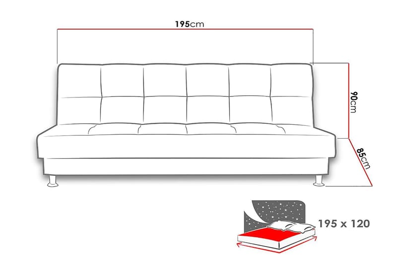 Enduro 3-seters Rektangulær Sovesofa 120x195 cm med Oppbevaring i Stoff - Grå - Møbler - Sofaer - Sovesofaer