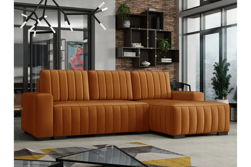 Esher 3-seters Hjørnesofa Høyre - Plysch/Brun - Møbler - Sofaer - Sovesofaer