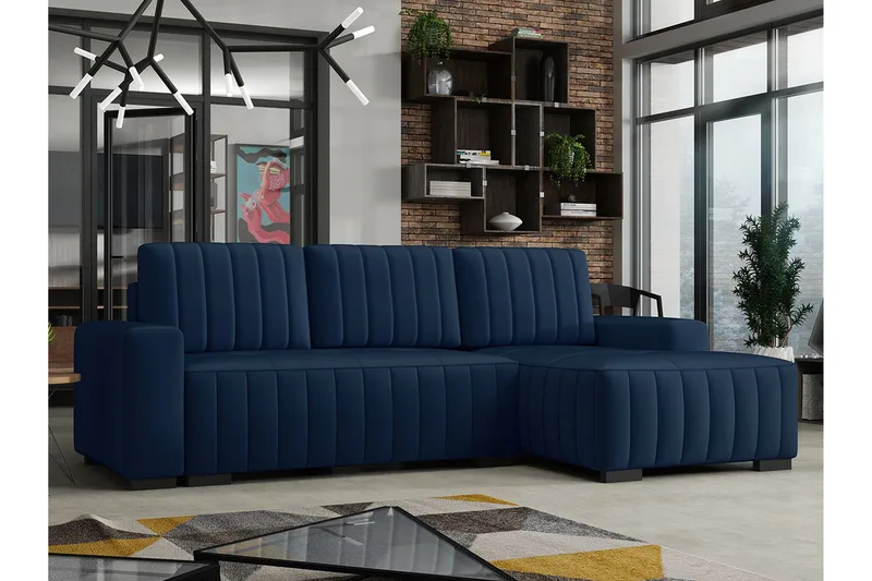 Esher 3-seters Hjørnesofa Høyre - Plysch/Blå - Møbler - Sofaer - Sovesofaer