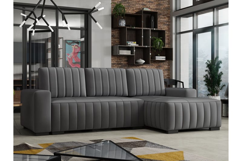 Esher 3-seters Hjørnesofa Høyre - Plysch/Grå - Møbler - Sofaer - Sovesofaer