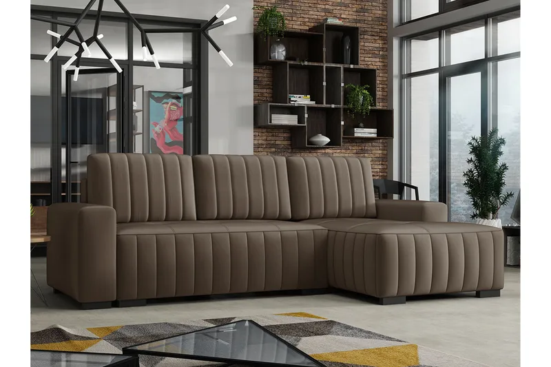 Esher 3-seters Hjørnesofa Høyre - Plysch/Brun - Møbler - Sofaer - Sovesofaer