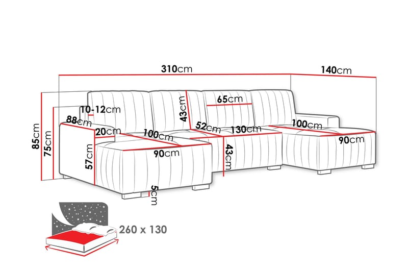 Esher Sovesofa med Dobbel Sjeselong 4-seter i Plysj - Beige - Møbler - Sofaer - Sovesofaer