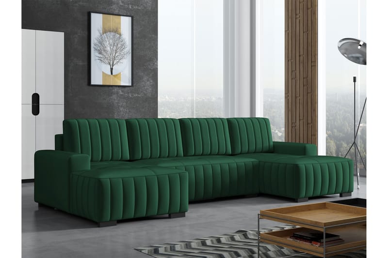 Esher Sovesofa med Dobbel Sjeselong 4-seter i Plysj - Grønn - Møbler - Sofaer - Sovesofaer