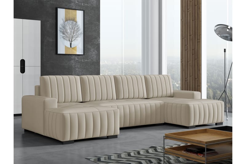 Esher Sovesofa med Dobbel Sjeselong 4-seter i Plysj - Beige - Møbler - Sofaer - Sovesofaer