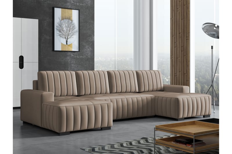 Esher Sovesofa med Dobbel Sjeselong 4-seter i Plysj - Beige - Møbler - Sofaer - Sovesofaer