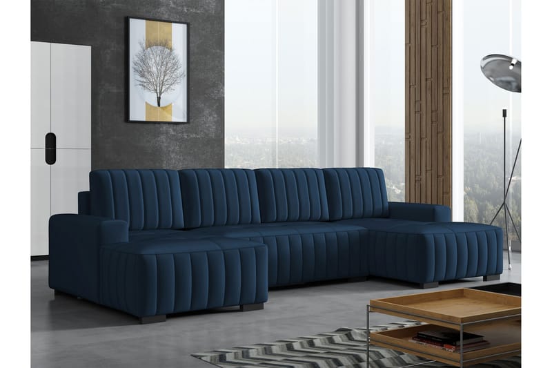 Esher Sovesofa med Dobbel Sjeselong 4-seter i Plysj - Marineblå - Møbler - Sofaer - Sovesofaer