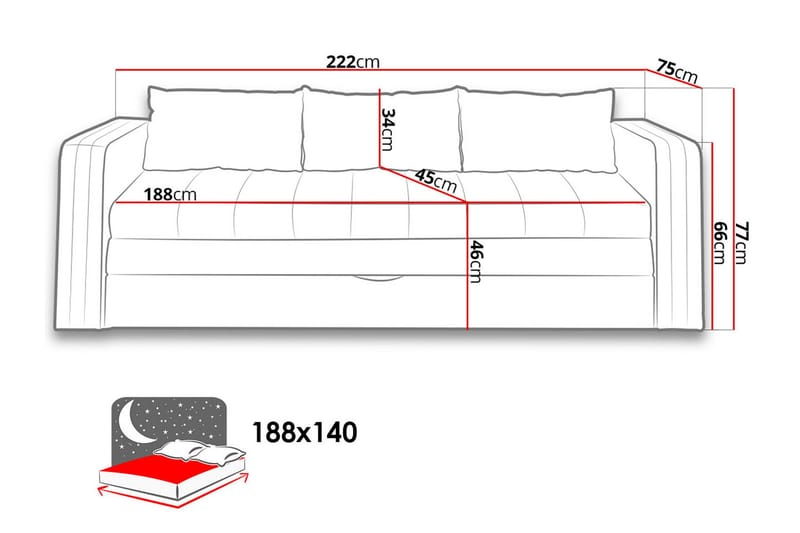 Euforia 3-seter Uttrekkbar Sovesofa 140x188 cm med Oppbevaring i Stoff - Antrasitt - Møbler - Sofaer - Sovesofaer