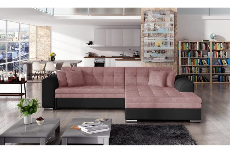 Falseti 3-seter L-formet Sovesofa 125 cm i Stoff og Skinn, Rosa|Svart