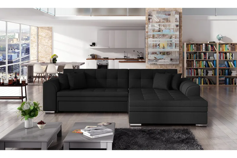 Falseti 3-seter Venstrevendt L-formet Sovesofa 126 cm i Stoff, Svart