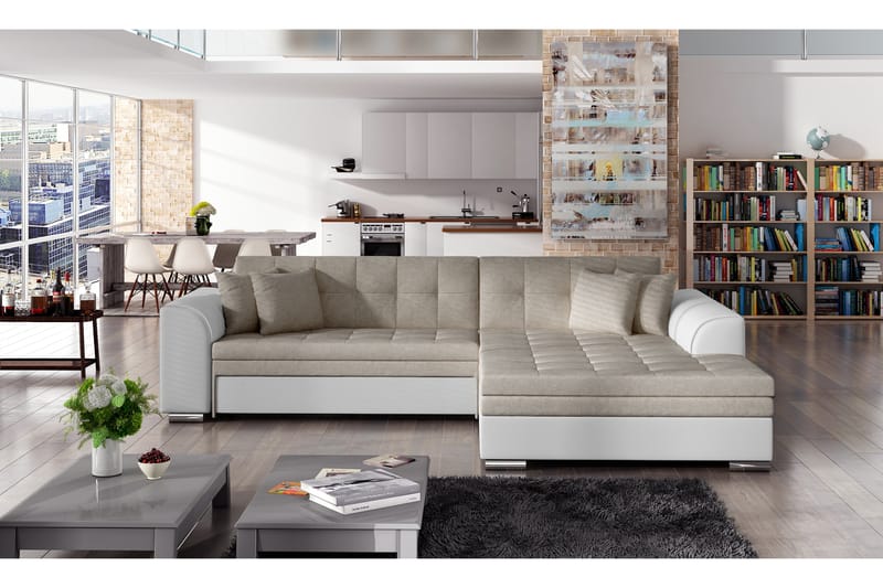 Falseti Sovesofa med Divan - Beige/Hvit - Sovesofaer - 4 seters sovesofa