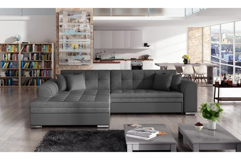 Falseti Venstrevendt L-formet Sovesofa 126 cm i Stoff og Skinn - Grå - Møbler - Sofaer - Sovesofaer