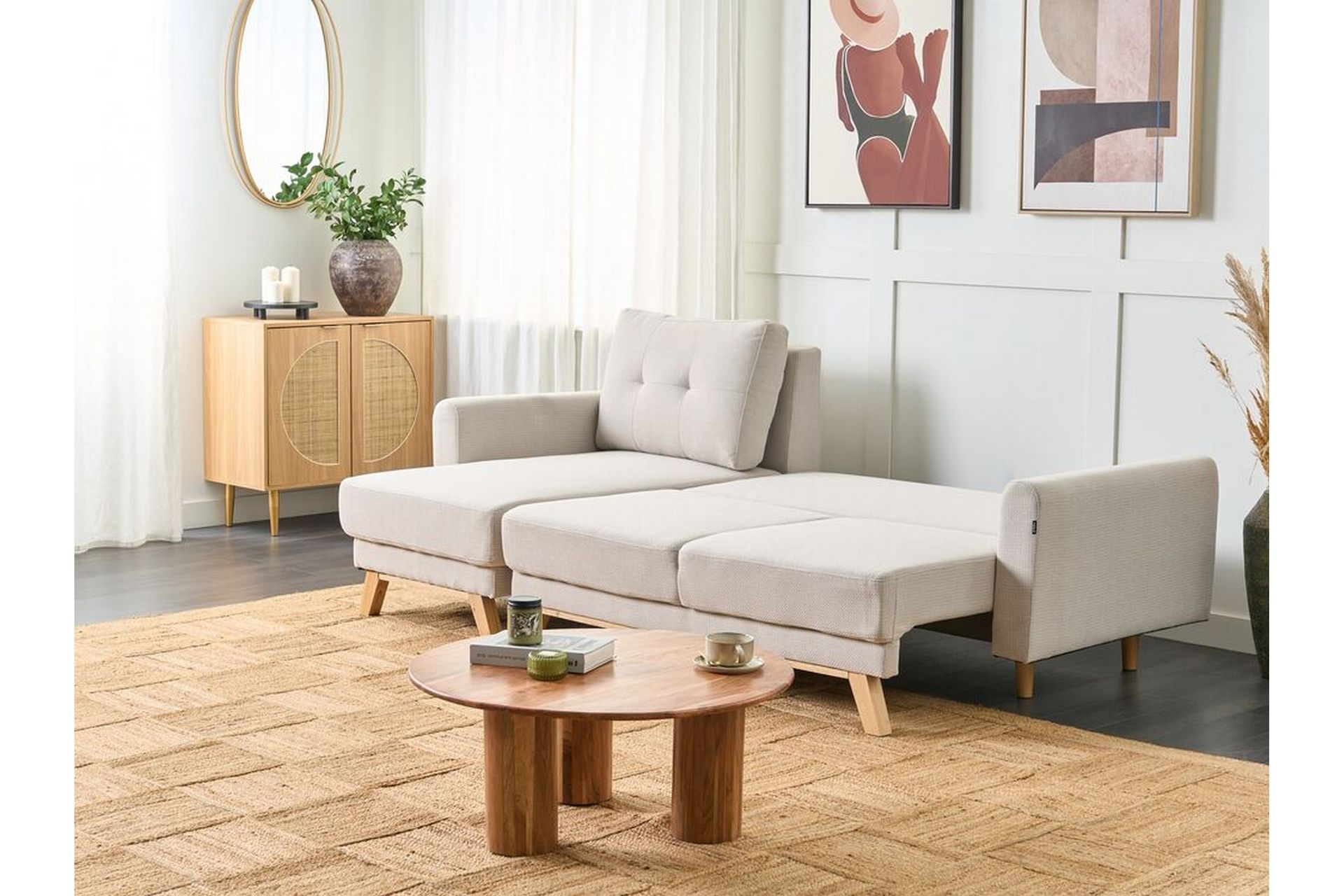 Faustin Hjørnesovesofa 3-seter - Beige/Lyst tre - Møbler - Sofaer - Sovesofaer