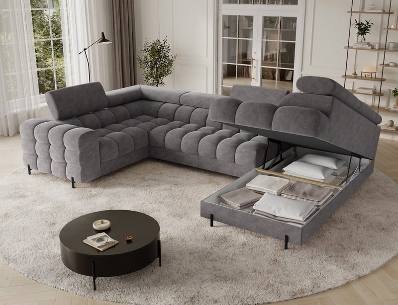 Fectory 6-seters Bubblig hjørnesovesofa med sjeselong og oppbevaring Høyre - Aura 04 - Møbler - Sofaer - Sovesofaer