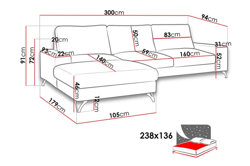 Flavio Divansovesofa 292x141x91 cm - Møbler - Sofaer - Sovesofaer