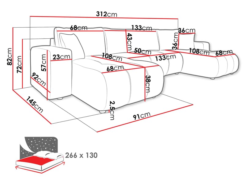 Flo Sovesofa med dobbel sjeselong 4-seter - Hvit - Møbler - Sofaer - Sovesofaer