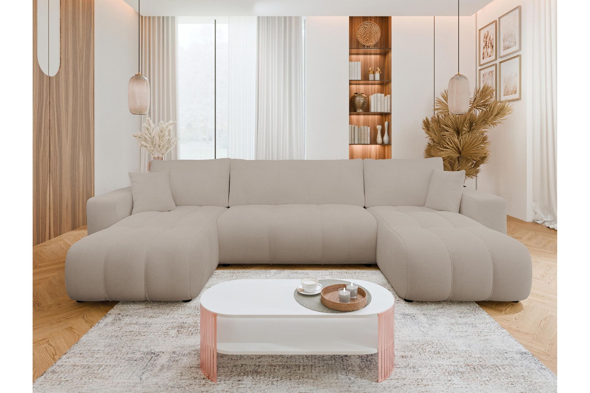Flo Sovesofa med Dobbel Sjeselong 4-seter i Plysj - Beige - Møbler - Sofaer - Sovesofaer