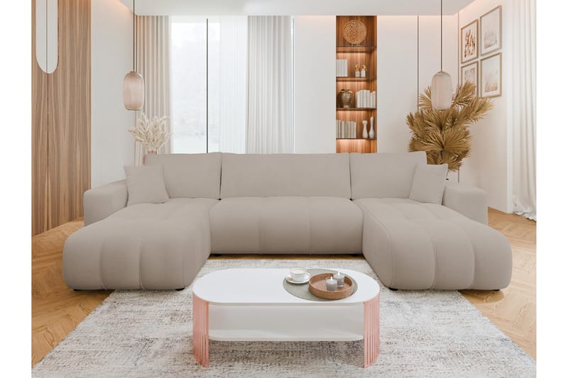 Flo Sovesofa med Dobbel Sjeselong 4-seter i Plysj - Beige - Møbler - Sofaer - Sovesofaer