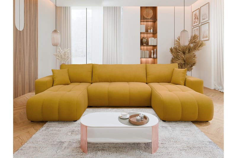 Flo Sovesofa med Dobbel Sjeselong 4-seter i Plysj - Beige - Møbler - Sofaer - Sovesofaer
