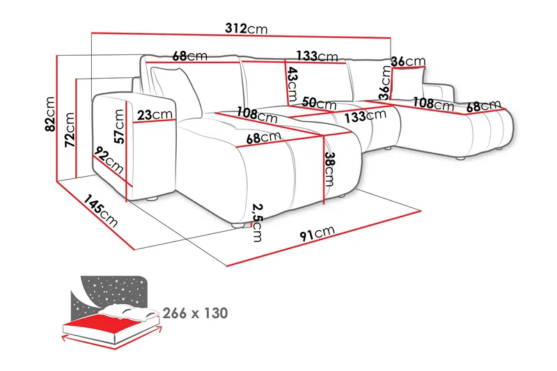Flo Sovesofa med Dobbel Sjeselong 4-seter - Oransje - Møbler - Sofaer - Sovesofaer