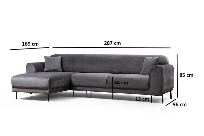 Gajanejos 3-seter Venstre L-formet Sovesofa med Sjeselong i Fløyel - Antrasitt - Møbler - Sofaer - Sovesofaer