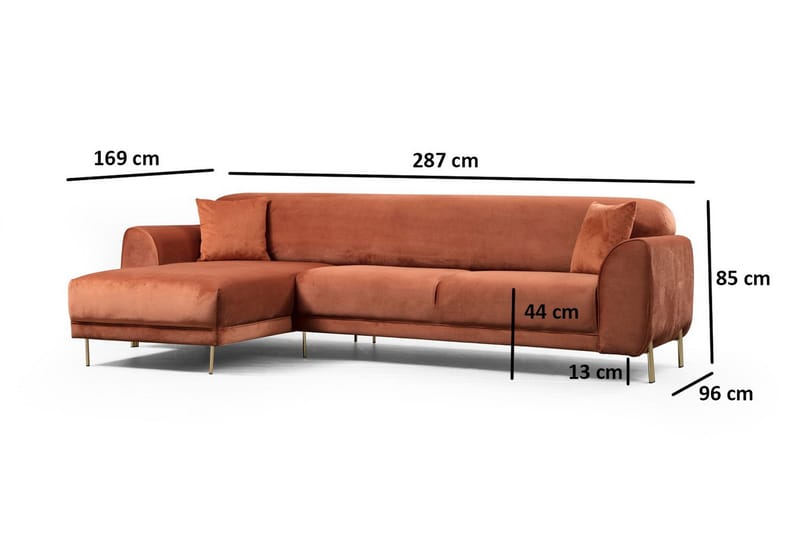 Gajanejos Venstrevendt Sovesofa med Sjeselong 87x237 cm i Fløyel - Terrakotta - Møbler - Sofaer - Sovesofaer