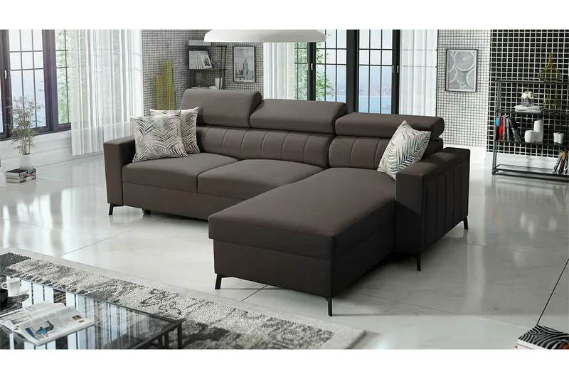 Galbally 3-seters Hjørnesovesofa Høyre 250x171 cm med Oppbevaring i Fløyel - Mørkebrun - Møbler - Sofaer - Sovesofaer