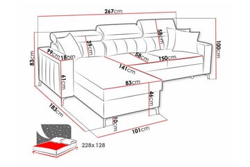 Galbally 3-seters Hjørnesovesofa Høyre 267x183 cm med Oppbevaring i Fløyel - Beige - Møbler - Sofaer - Sovesofaer