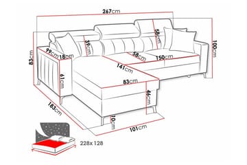 Galbally 3-seters Hjørnesovesofa Høyre 267x183 cm med Oppbevaring i Fløyel - Rosa - Møbler - Sofaer - Sovesofaer