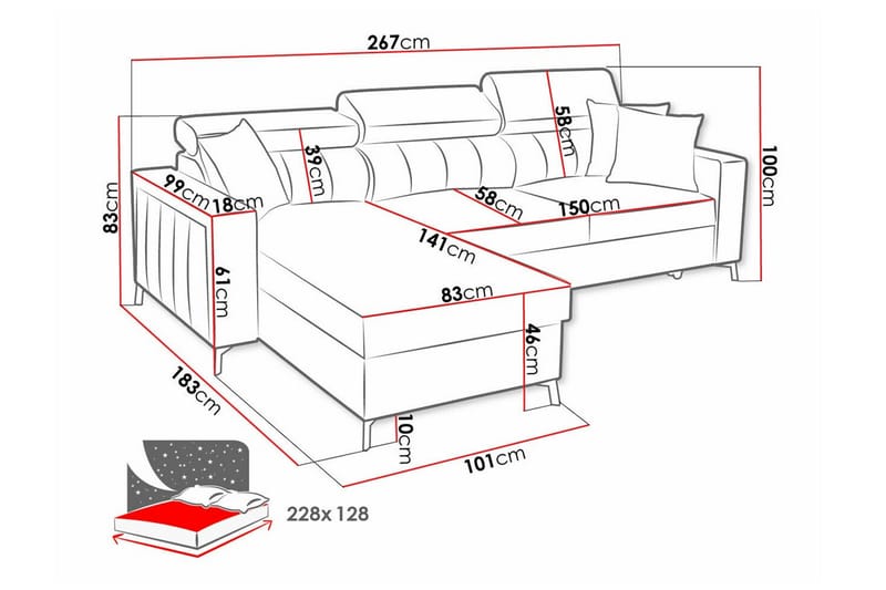Galbally 3-seters Hjørnesovesofa - Rosa - Møbler - Sofaer - Sovesofaer