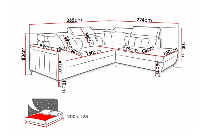 Galbally 3-seters Hjørnesovesofa - Rosa - Sovesofaer - Hjørnesovesofa