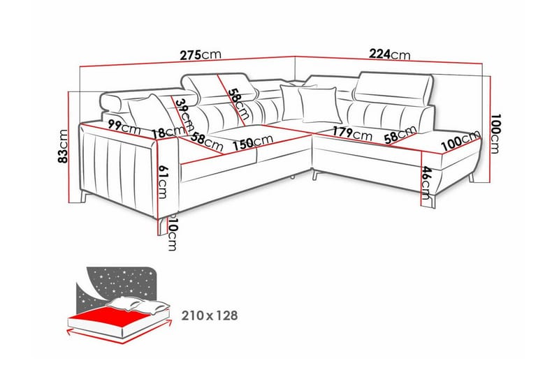 Galbally 3-sits Hörnbäddsoffa NO_BRAND Light pink - Møbler - Sofaer - Sovesofaer