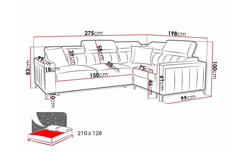 Galbally 3-sits Hörnbäddsoffa NO_BRAND Pink - Møbler - Sofaer - Sovesofaer