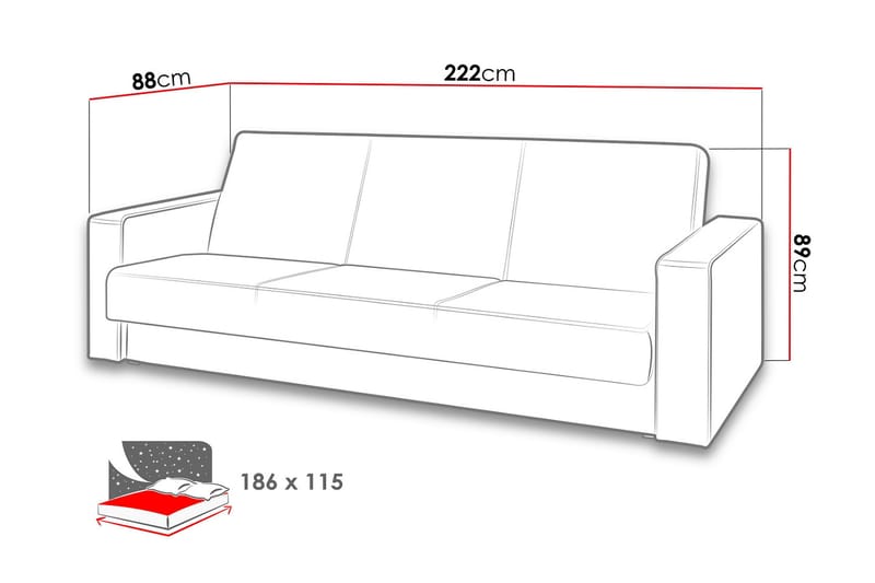 Gordia Sovesofa 222x88x89 cm - Grå - Møbler - Sofaer - Sovesofaer