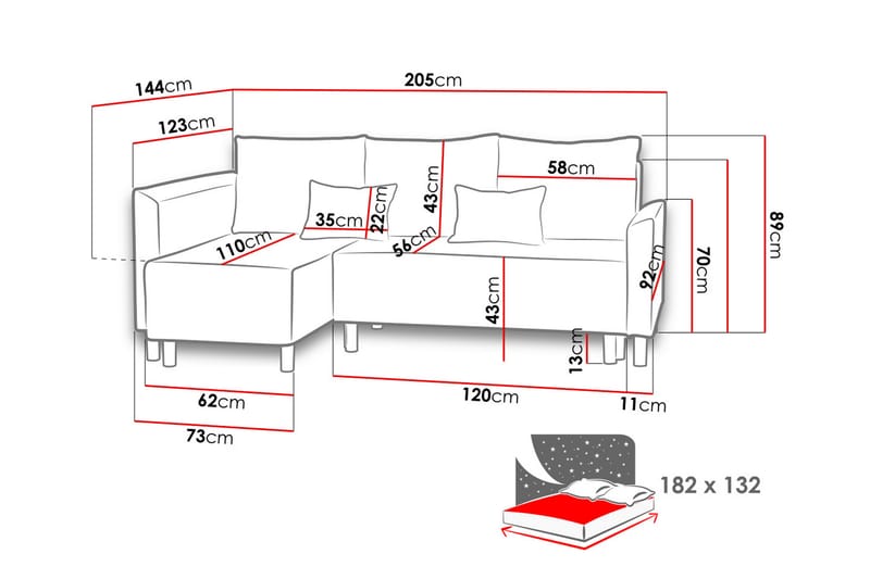 Grasela Hjørnesofa - Grå/Rød/Hvit - Møbler - Sofaer - Sovesofaer