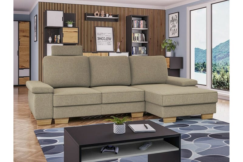 Graystone 3-seter Høyre Hjørnesovesofa 130x193 cm med Oppbevaring i Stoff - Beige - Møbler - Sofaer - Sovesofaer