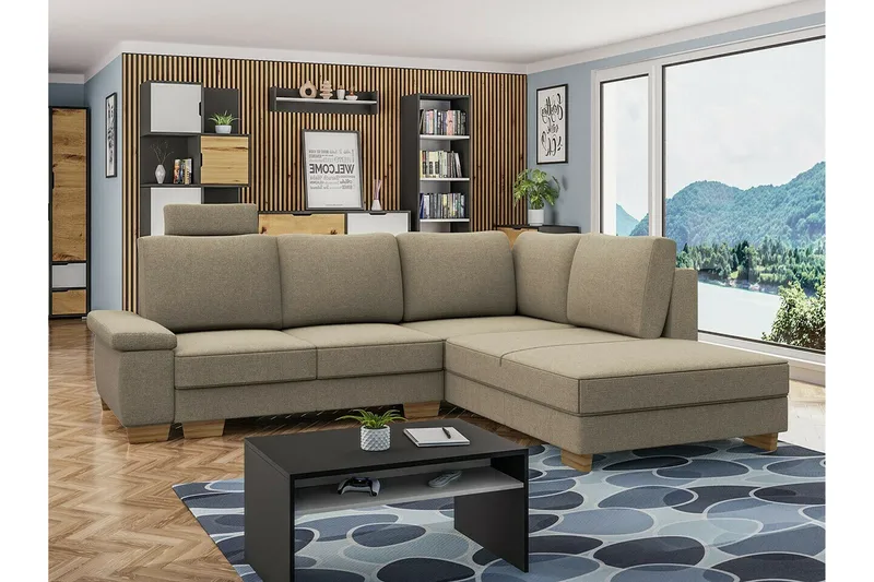 Graystone 3-seter Høyre Hjørnesovesofa 130x203 cm med Oppbevaring i Stoff - Beige - Møbler - Sofaer - Sovesofaer