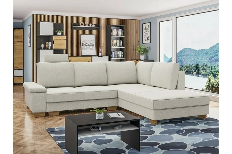 Graystone 3-seter Høyre Hjørnesovesofa 130x203 cm med Oppbevaring i Stoff - Lys Beige - Møbler - Sofaer - Sovesofaer