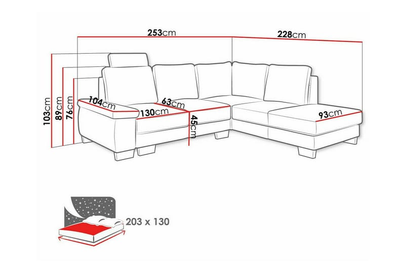 Graystone 3-seter Høyre L-formet Hjørnesovesofa 130x203 cm med Oppbevaring i Stoff - Grå - Møbler - Sofaer - Sovesofaer