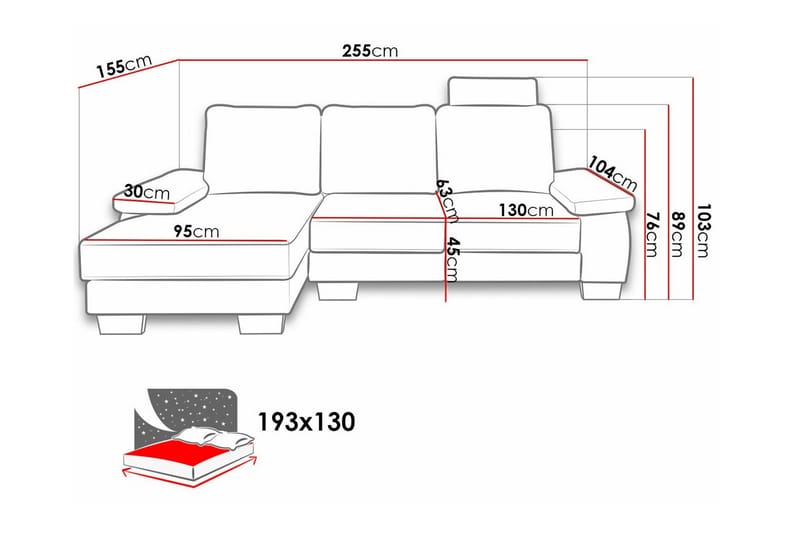 Graystone 3-seter Venstre Hjørnesovesofa 130x193 cm med Oppbevaring i Stoff - Grå - Møbler - Sofaer - Sovesofaer