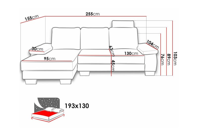 Graystone 3-seters Høyre Hjørnesovesofa 130x193 cm med Oppbevaring i Stoff - Lysegrå - Møbler - Sofaer - Sovesofaer