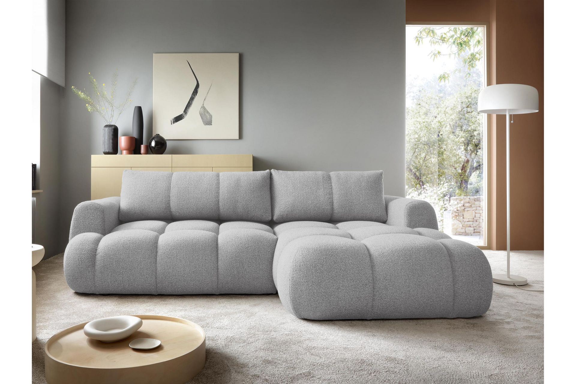 Handu Sovesofa med Sjeselong 3-seter i Bouclé - Grå - Møbler - Sofaer - Sovesofaer