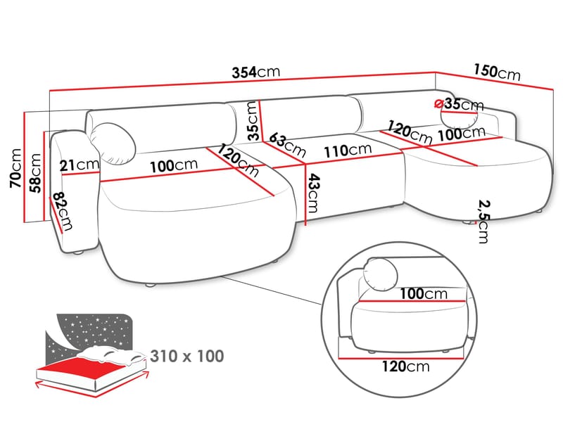 Hanish Sovesofa med dobbel sjeselong 5-seter - Grå - Møbler - Sofaer - Sovesofaer