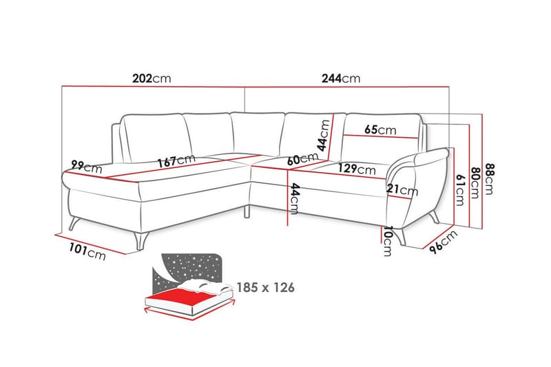 Hereford 3-seter Venstre Hjørnesovesofa 126x185 cm med Oppbevaring i Stoff - Kremhvit - Møbler - Sofaer - Sovesofaer